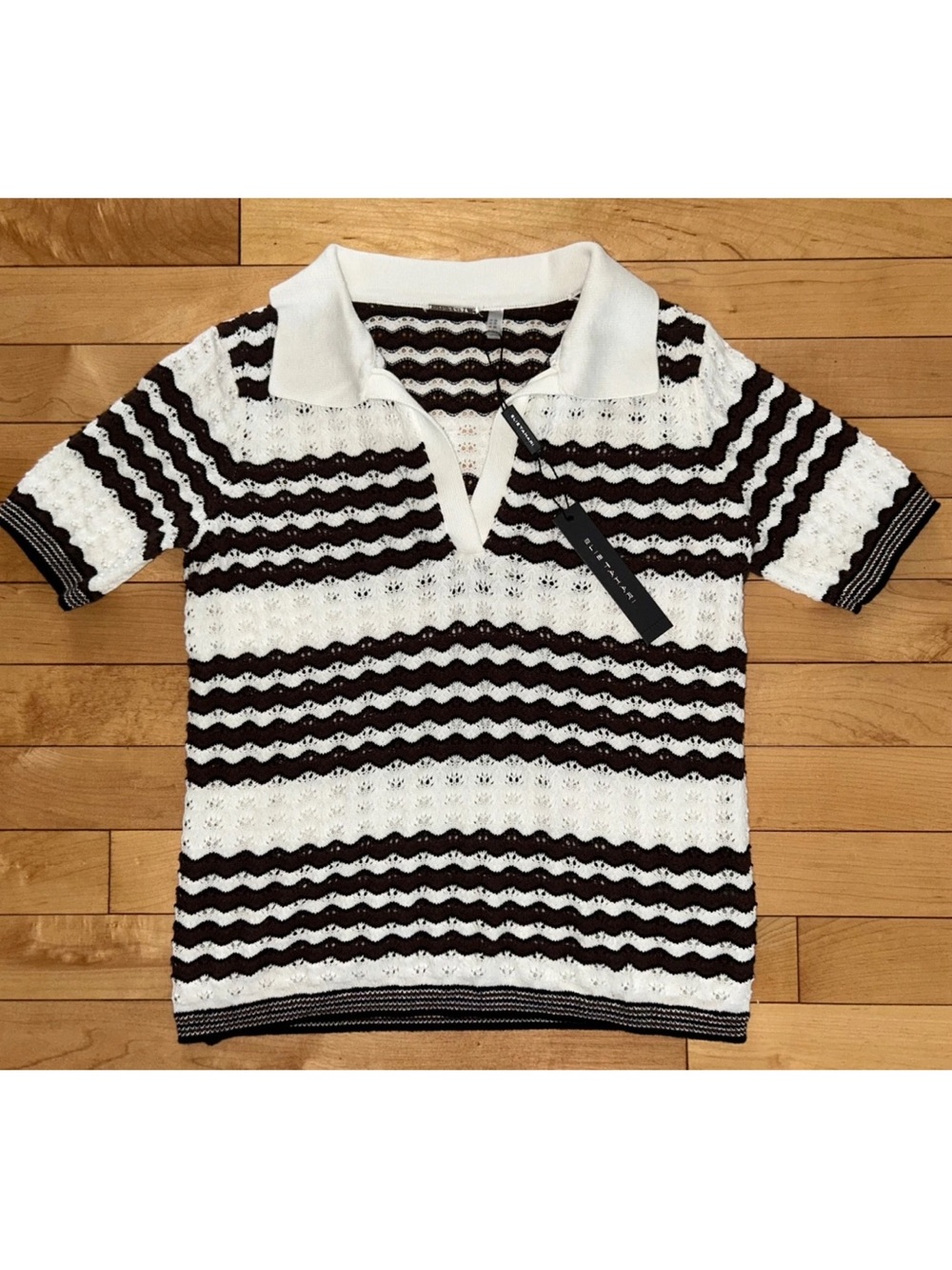 NEW! ELIE TAHARI Pointelle Knit Short Sleeve Polo Top White/Coffee XS